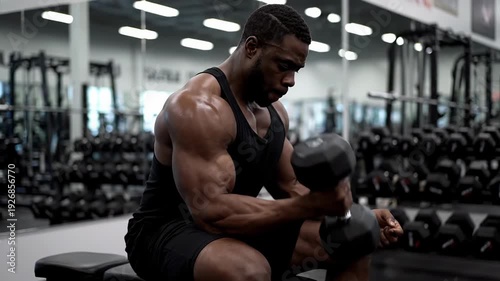 A muscular man works out with a dumbbell while sitting on a bench in a gym
