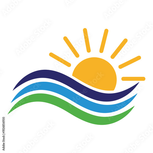 Sunrise over wavy lines in green blue and purple colors icon