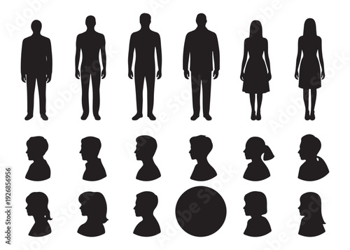 Adult and child silhouette collection showing full bodies and head profiles, black shapes, white