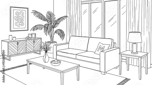 Line art of a living room with a sofa, cushions, side table with a lamp, coffee table, potted plants, and large window. Modern and minimalist decor.