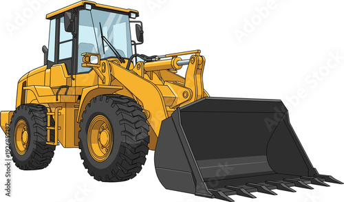 Yellow wheel loader vector illustration isolated heavy construction machinery with large bucket industrial equipment design