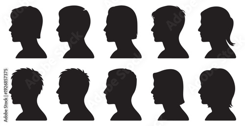 Silhouette profile heads of diverse people side view collection including male and female portraits