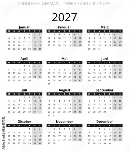 Modern 2027 german calendar for Germany with weekend days in gray, black and gray style