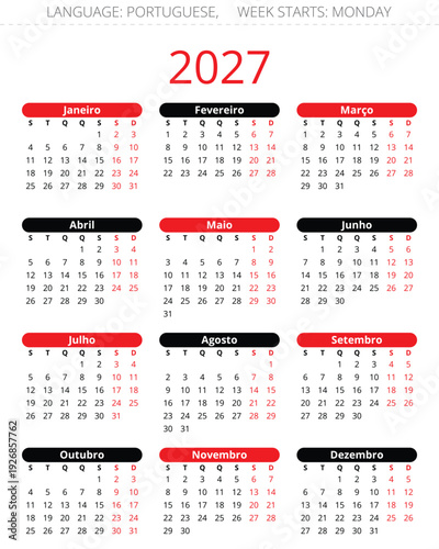 Annual 2027 simple portuguese calendar for portugal with black and red monthly layout