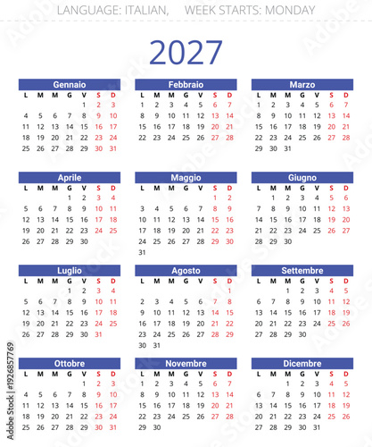 Printable 2027 italian calendar for Italy with all 12 months in one annual layout