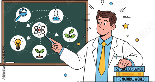 A male teacher in a white lab coat pointing at a green chalkboard with science illustrations and books on a desk in front of him with a plain white background.