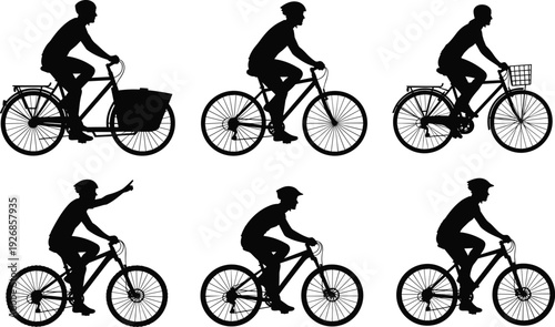 Cyclist silhouette set vector illustration featuring man riding bicycle in different poses isolated black transportation design collection