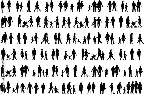 Huge set of people silhouettes, families parents children walking standing daily life human figures isolated on white background