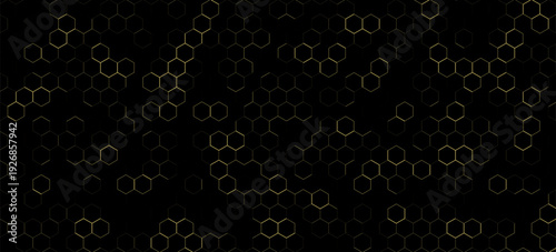 Luxury hexagonal abstract black metal background with golden light lines. Dark 3d geometric texture illustration. Bright grid pattern