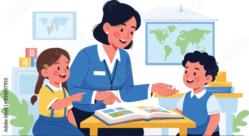 A teacher sitting at a desk with two students in a classroom setting, looking at a book with a map and educational materials around them, conveying a learning and educational mood.