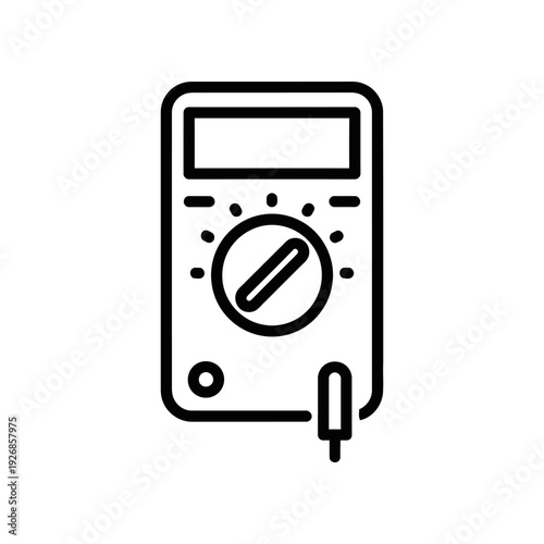 Simple black line art illustration of a multimeter with a dial and probe on a white background.