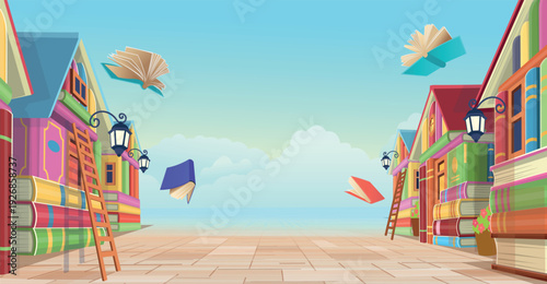 Library book shelves cartoon vector illustration.Library. City of books. Colorful city made of books with empty space for text, online education concept, library fantasy background
