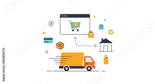 E-commerce Delivery & Logistics Concept: Online Shopping, Payment, Packaging, and Fast Home Delivery Illustration
