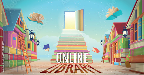 Colorful fantasy city made of books forming houses and stairs leading to an open glowing book in the sky. Concept of education, online learning, knowledge, library, imagination and reading. Bright car