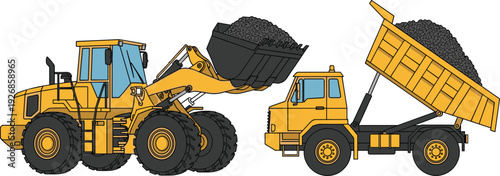 Construction heavy equipment vector illustration featuring wheel loader and dump truck with gravel isolated industrial machinery design