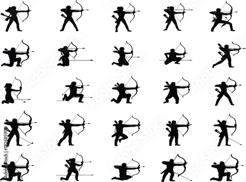 Professional archer silhouette set, medieval bowman shooting arrows, sport competition and hunting targets vector illustration