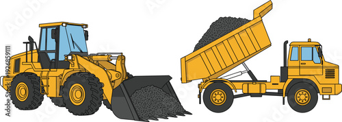 Construction machinery vector illustration featuring wheel loader and dump truck unloading gravel isolated heavy equipment industrial design