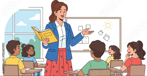 A female teacher stands in front of a classroom, holding a book and explaining to her diverse group of students seated at desks, with a whiteboard and window in the background, conveying a