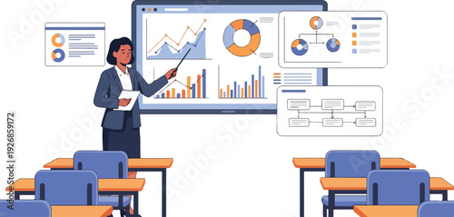 A teacher standing in front of a classroom points to educational charts and graphs on a large screen with desks and chairs arranged in an empty room.