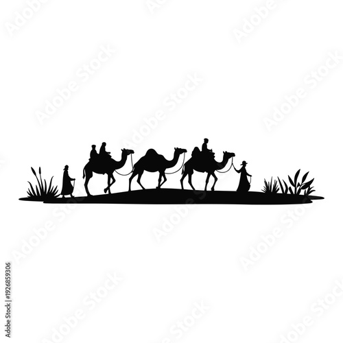 Camel Caravan Silhouette in Desert Landscape Vector Illustration