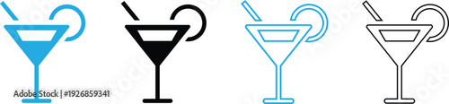 Cocktail Glass Icon Set – Minimalist Martini and Margarita Drink Vector Symbols for Bar Menu, Party, and Lounge UI Design