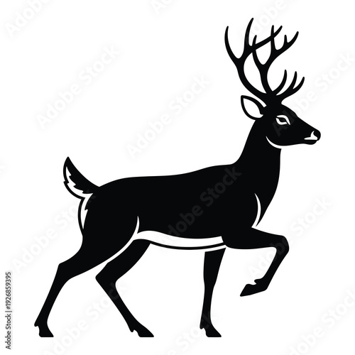 Black silhouette of a running deer with antlers on white background icon