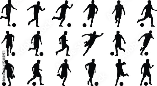 Football soccer player silhouette set, male athlete dribbling running poses collection, sports action people, black vector icons isolated white background