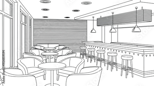 Line art of a modern café interior with round tables, cozy armchairs, a counter with bar stools, pendant lights, and a stylish, relaxed atmosphere.