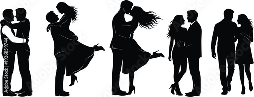 Romantic couple silhouettes vector illustration set featuring kissing embracing dancing pairs isolated black love relationship design collection