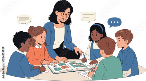A female teacher and her diverse group of students sitting around a table looking at a book with speech bubbles around them on a plain white background with a flat cartoon style.