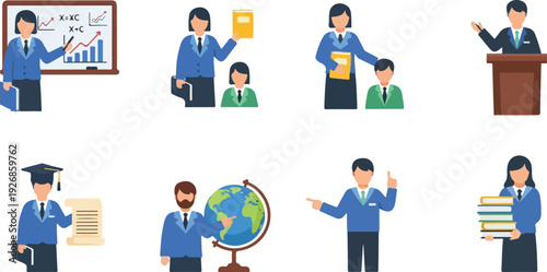 Flat illustration set of a teacher in various educational settings and activities with students and teaching tools.