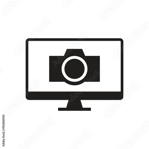 Solid photography camera icon on computer monitor