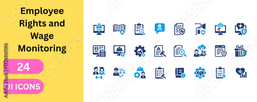 Workplace regulations and employee monitoring UI collection. Legal document, financial growth, safety helmet, justice scale, agreement, worker rights