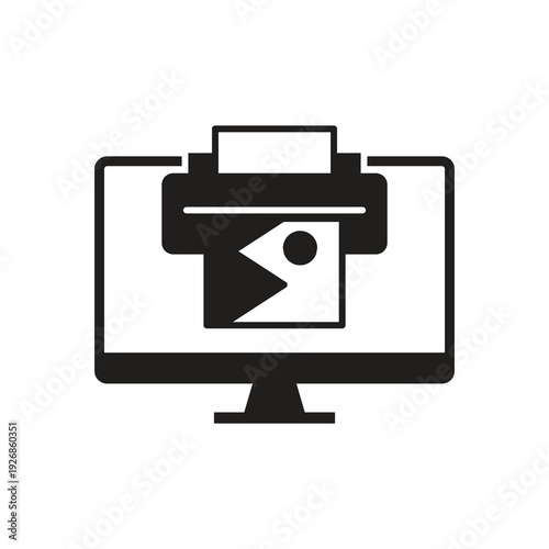Solid printing document photo icon on monitor