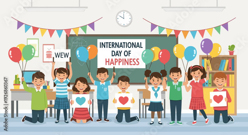 A cheerful flat design illustration depicting diverse elementary school children joyfully celebrating the International Day of Happiness with balloons and signs in a vibrant classroom. 