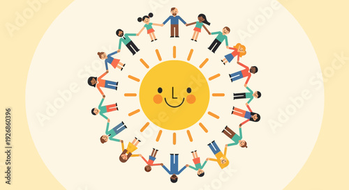 A heartwarming flat design greeting card illustration showing a diverse group of people holding hands in a circle around a smiling sun, celebrating the International Day of Happiness. 