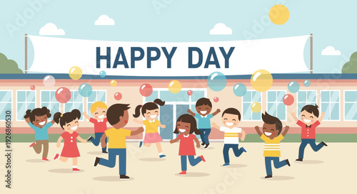 A cheerful flat design illustration depicting diverse elementary school children joyfully celebrating the International Day of Happiness with balloons and signs in a vibrant classroom. 
