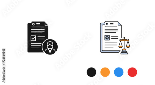 Medical records and legal documents icon set