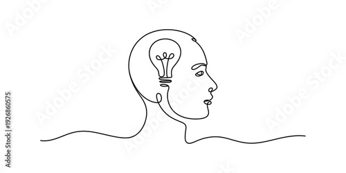 Continuous line drawing of a human head in profile with a light bulb inside, symbolizing an idea or creative thought. Vector, illustration