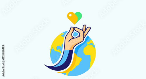 A vibrant flat design logo for the International Day of Happiness, showing a stylized hand gently holding a floating heart, subtly forming a globe outline. 