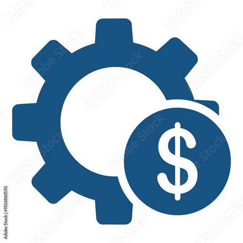 Blue gear icon with dollar sign on white background icon