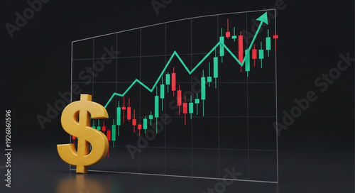 Financial market analysis with dollar sign and upward trend graph.