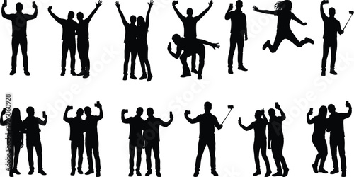 Collection of people taking selfies silhouettes isolated on white background, happy friends capturing moments with smartphone set