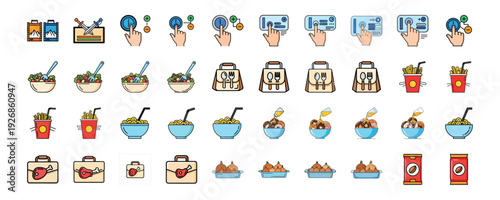 Colorful flat food icons set including lunch boxes bowls drinks and snacks on white background for design and infographics