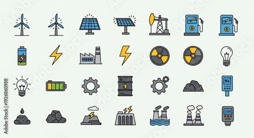 Diverse Energy Sources - Renewable and Non-Renewable Power Generation Icons.