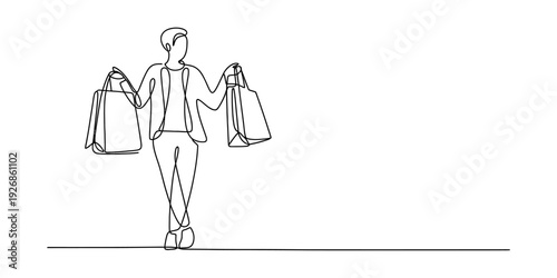 Minimalist one line art of a woman carrying multiple shopping bags after a spree Vector, illustration