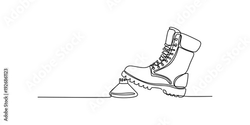Continuous line drawing of a military boot about to step on a landmine in minimalist style. Vector, illustration