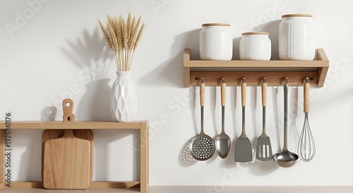 Wallpaper Mural Kitchen utensils and cookware on wooden shelf against white wall Torontodigital.ca
