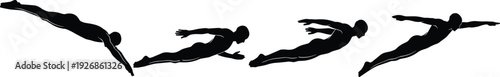 Swimming Athlete Silhouette Set with Dive Start and Freestyle Stroke Action Poses Vector Illustration