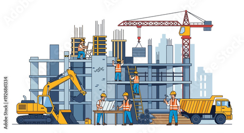 Construction Site with Heavy Machinery and Workers Building Structure.